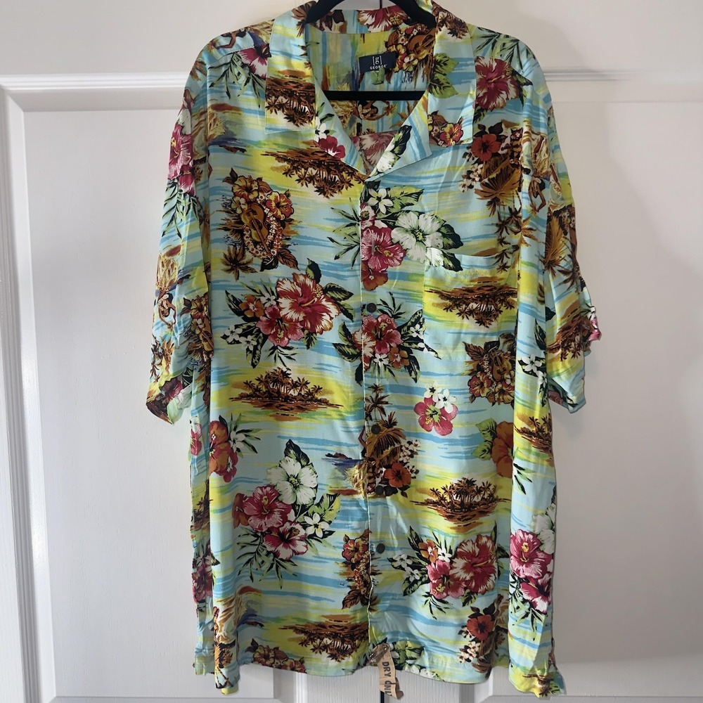 George Shirt Mens 2XL Multicolor Tropical Hawaiian Floral Short Sleeve Button Up